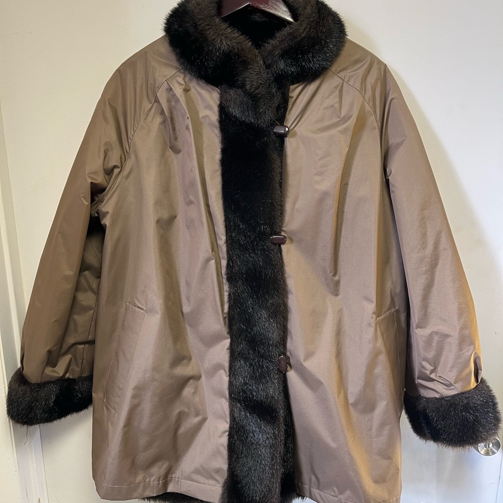 Elegant vintage Brown Fur-Trimmed Women's rain Coat